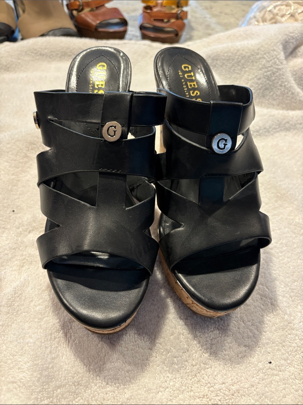 GUESS Black Leather Strappy Cork Wedge Sandals